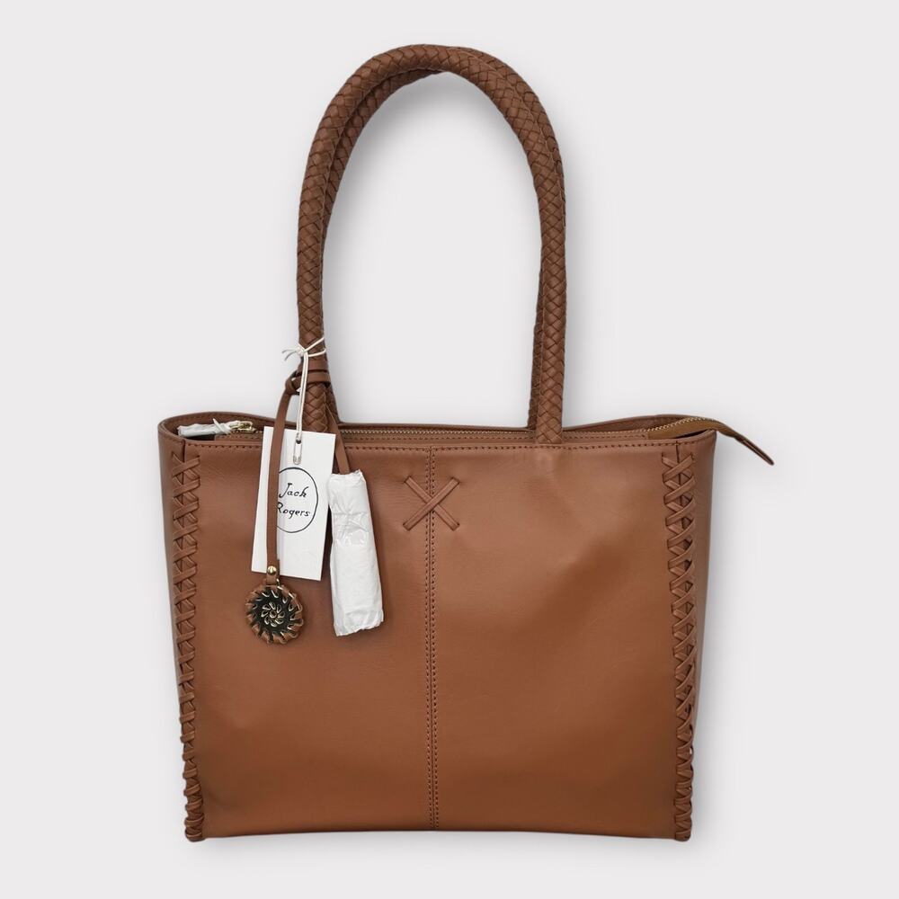 NWT Jack Rogers Bianca 100% Leather Tote Bag Brown Dual Braided Straps *Flaw* - Picture 13 of 13